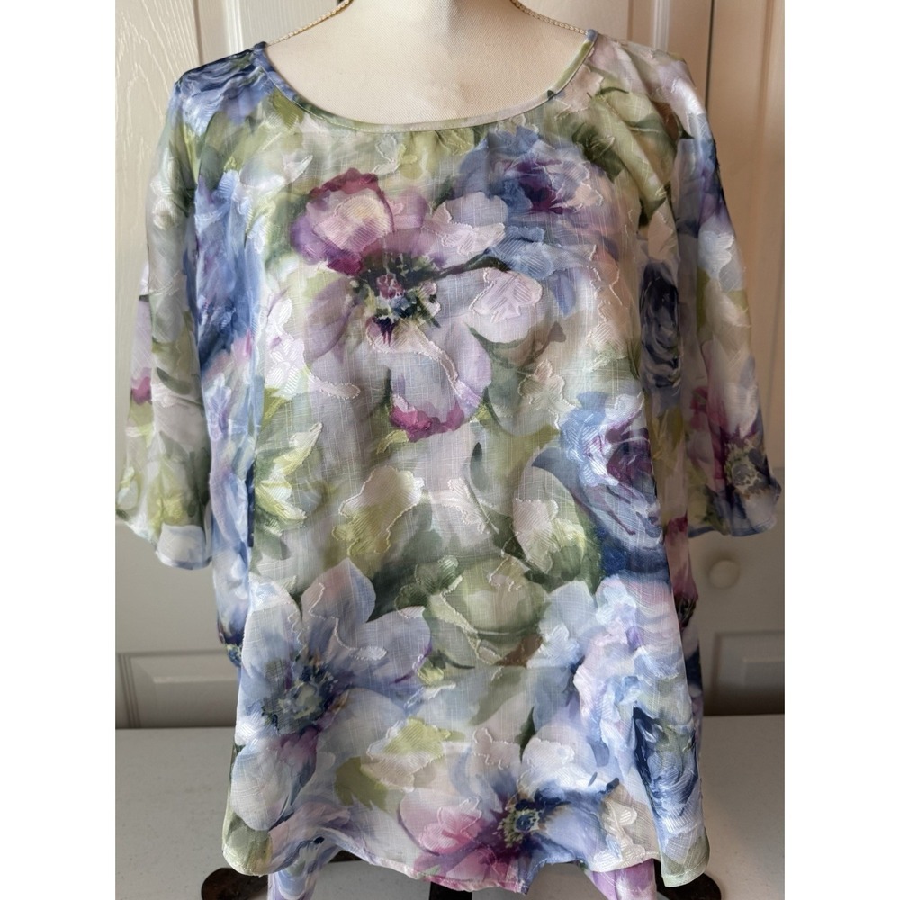 Women's Alfred Dunner Sz 16 Watercolor Floral Blouse Poncho Type Overlay Spring
